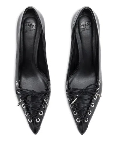 Ganni Lace-up Pointed Pumps In Black