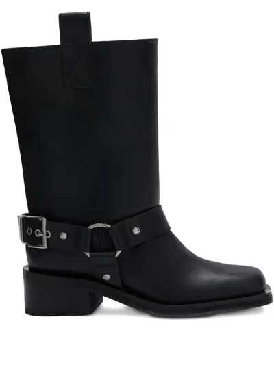 Ganni Mid Calf Recycled Leather Biker Boots In Black