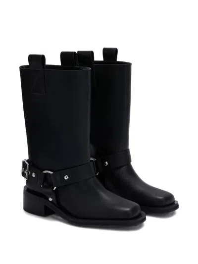 Ganni Mid Calf Recycled Leather Biker Boots In Black