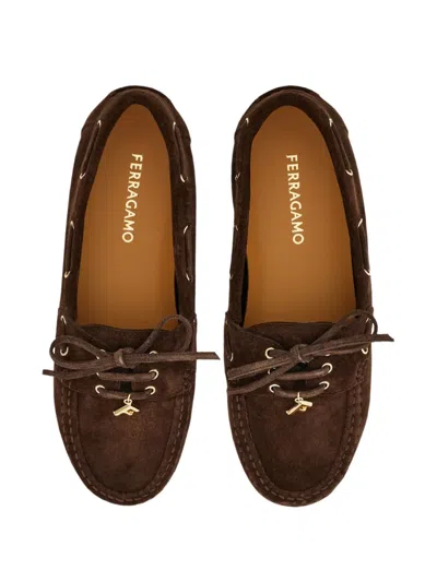 Ferragamo Leather Boat Shoes In Brown