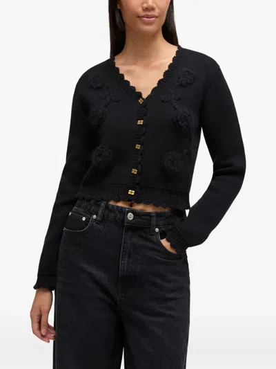Ganni Floral-detail Cardigan In Black