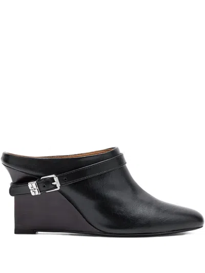 Ganni Buckle Wedge Mules In Black