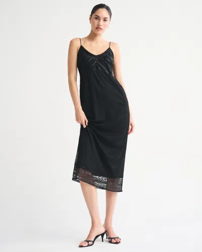 Abercrombie & Fitch Tie-back Beaded Slip Midi Dress In Black