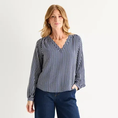 Liz Claiborne Womens V Neck 3/4 Sleeve Tunic Top In Blue