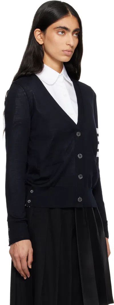 Thom Browne Navy Merino Wool 4-bar Relaxed Fit V-neck Cardigan In Blue