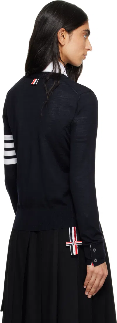 Thom Browne Navy Merino Wool 4-bar Relaxed Fit V-neck Cardigan In Blue
