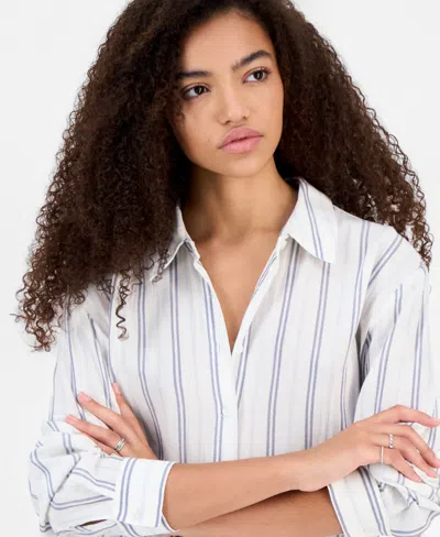 Hippie Rose Juniors' Linen-like Button-up Shirt In White