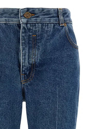 Balmain Embroidered Denim Trousers Belt Loops Pockets In Blue