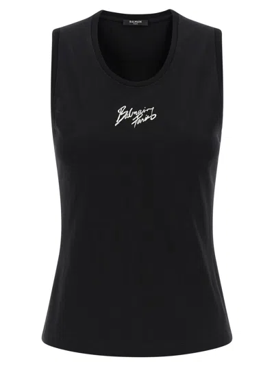 Balmain Paris Logo Sleeveless Round Neck Top In Black