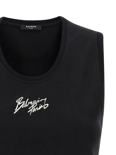 Balmain Paris Logo Sleeveless Round Neck Top In Black