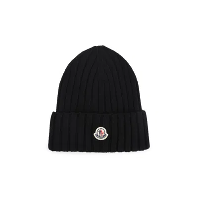 Moncler Ribbed Knit Wool Beanie Turn-up Brim In Black