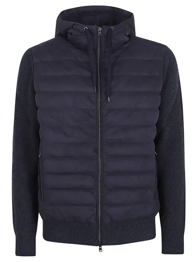 Herno Mens Hooded Jacket Knit Sleeves Quilted Front In Blue