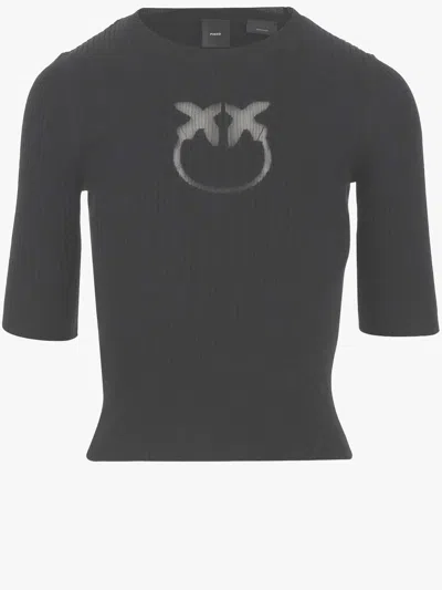 Pinko Short-sleeved Wool Blend Pullover With Logo In Black