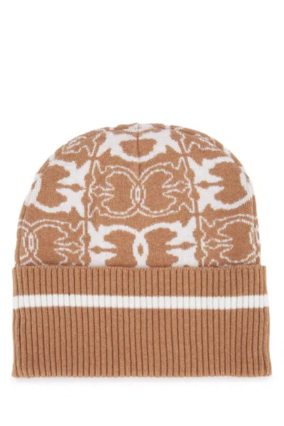 Pinko Knitted Beanie Hat With Jacquard Logo In Brown