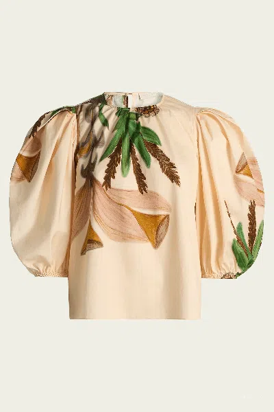 Ulla Johnson Las Olas Puffed-sleeve Botanical-print Top In Neutral