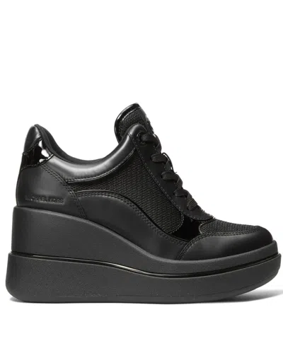 Michael Kors Emmy Leather And Mesh Wedge Trainer In Black