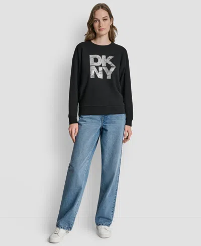 Dkny Jeans Women's Stacked Foil Logo Crewneck Sweatshirt In Black