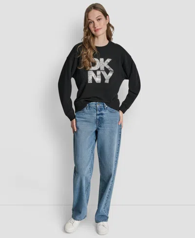 Dkny Jeans Women's Stacked Foil Logo Crewneck Sweatshirt In Black