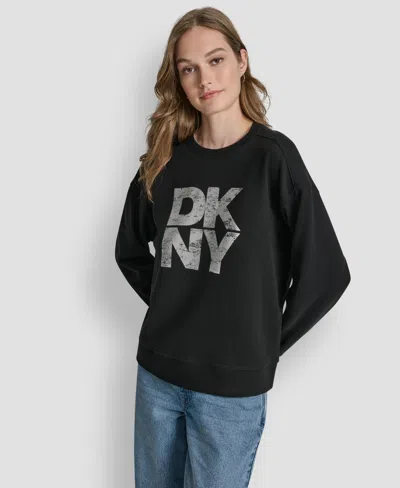 Dkny Jeans Women's Stacked Foil Logo Crewneck Sweatshirt In Black