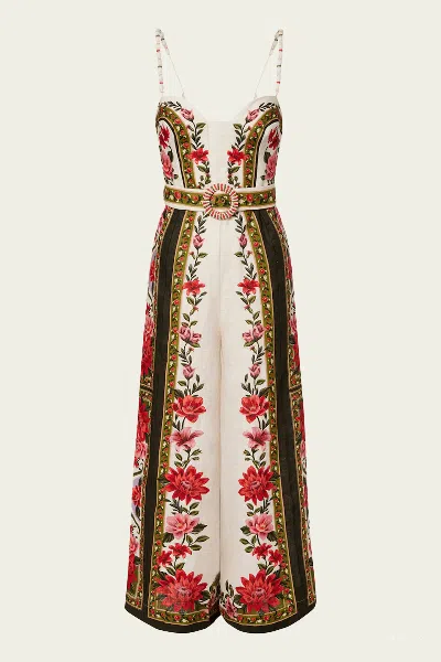 Farm Rio Wonder Rio Belted Embellished Printed Linen Jumpsuit In White