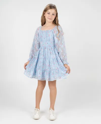 Rare Editions Girls 2t-6x Floral Smocked Long-sleeve Dress In Blue