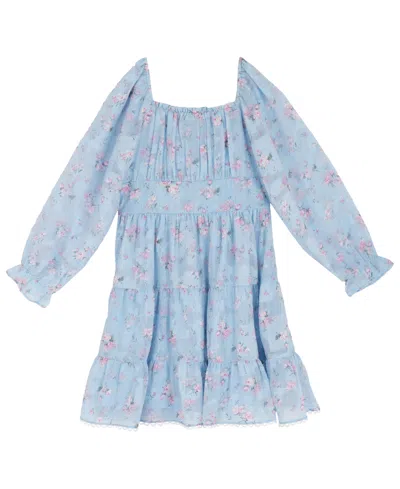 Rare Editions Girls 2t-6x Floral Smocked Long-sleeve Dress In Blue