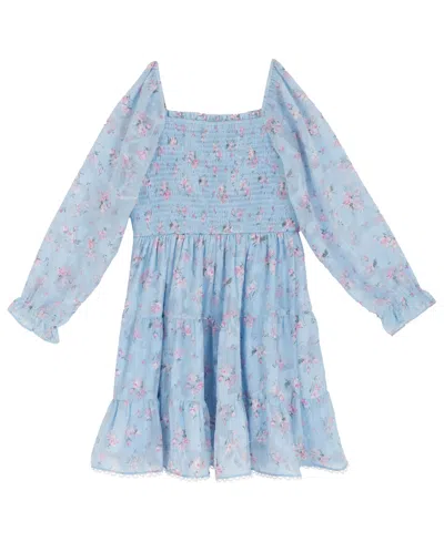 Rare Editions Girls 2t-6x Floral Smocked Long-sleeve Dress In Blue