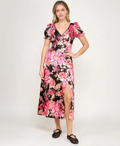 Crystal Doll Women's Printed V-neck Satin Midi Dress In Multi