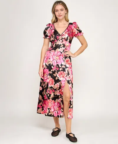 Crystal Doll Women's Printed V-neck Satin Midi Dress In Multi