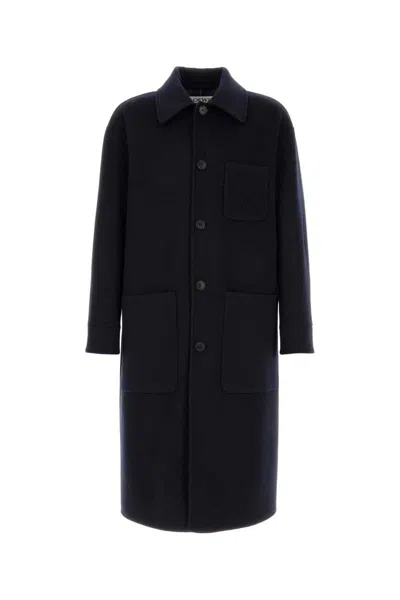 Loewe Wool Blend Long Coat Back Vent In Blue