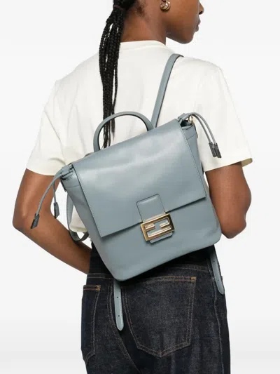Fendi Leather Backpack Adjustable Straps Drawstring Top Handle In Blue