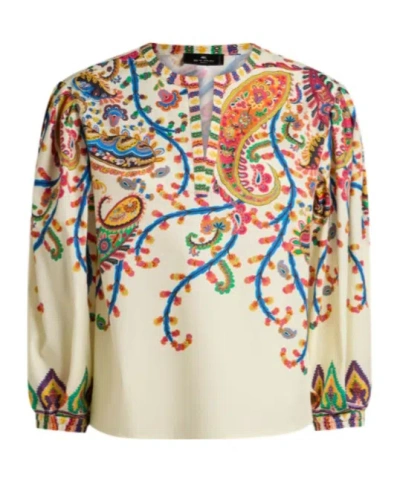 Etro Cotton Blouse With Placed Floral Paisley Print In Brown