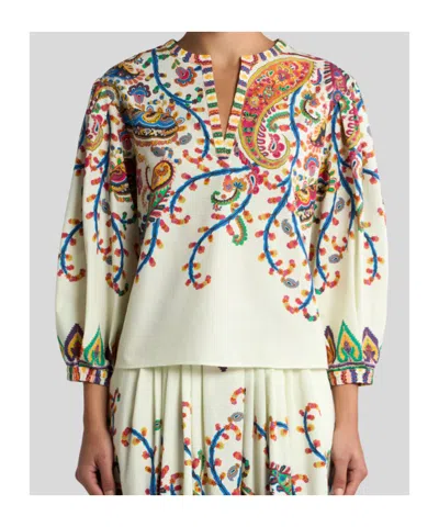 Etro Cotton Blouse With Placed Floral Paisley Print In Brown