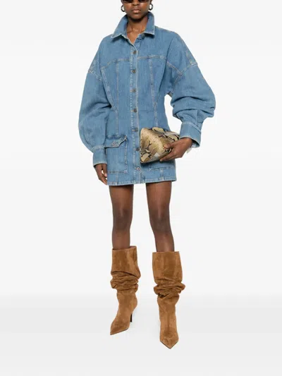 Attico Denim Mini Dress Front Pockets Long Sleeves In Blue