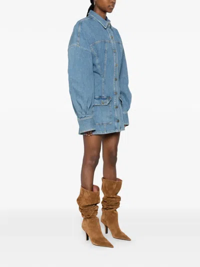 Attico Denim Mini Dress Front Pockets Long Sleeves In Blue