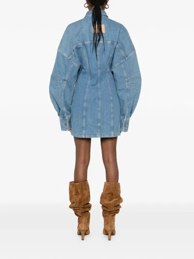 Attico Denim Mini Dress Front Pockets Long Sleeves In Blue