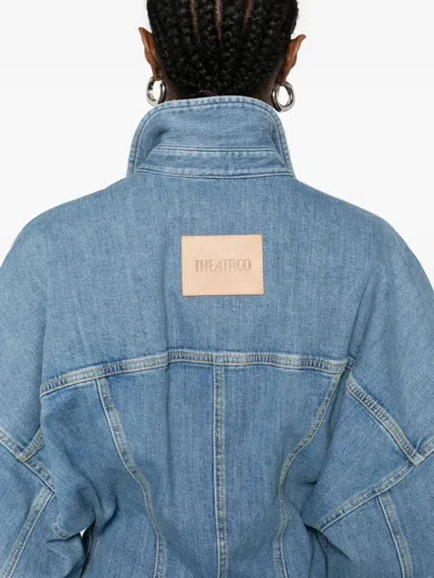 Attico Denim Mini Dress Front Pockets Long Sleeves In Blue