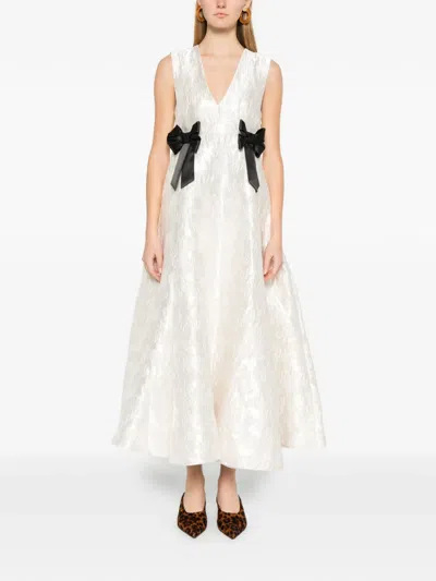 Ganni Bow V-neck Midi Dress In Neutral