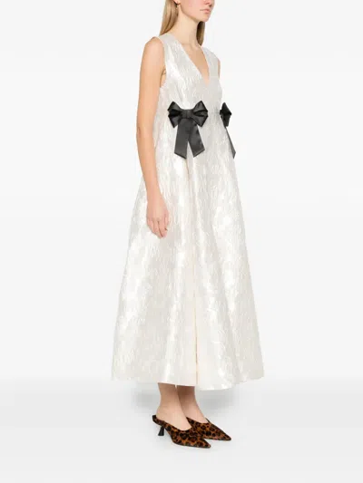 Ganni Bow V-neck Midi Dress In Neutral