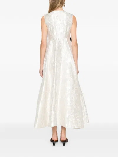 Ganni Bow V-neck Midi Dress In Neutral