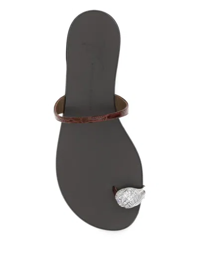 Giuseppe Zanotti Brown Calf Leather Bos Taurus Flat Sandals In Animal Print