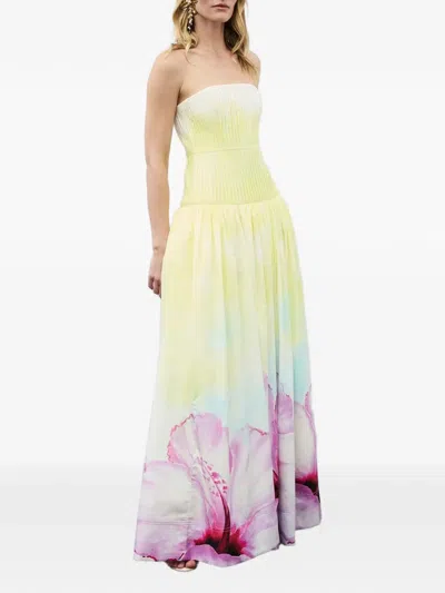 花卉印花露肩超长连衣裙