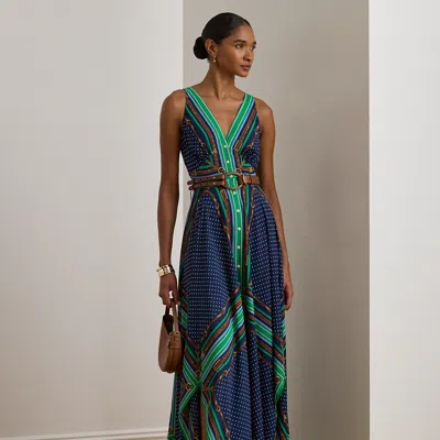 Lauren Petite Ralph Lauren Belting & Polka-dot Georgette Dress In Multi