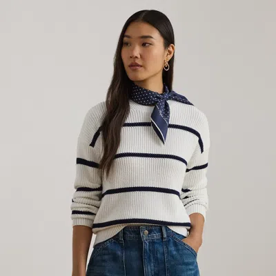Lauren Petite Ralph Lauren Striped Rib-knit Cotton Crewneck Sweater In White