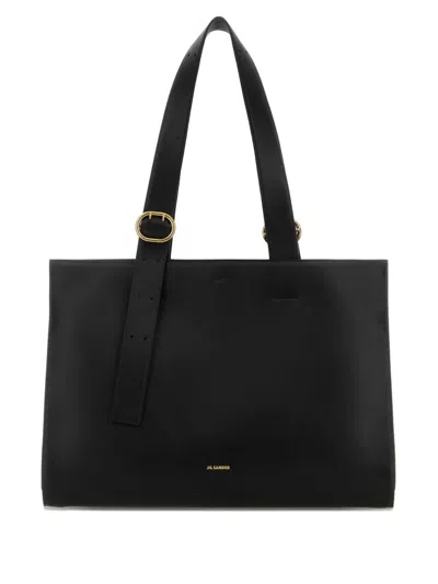 Jil Sander Leather Shopping Shoulder Bag Gold Hardware In Black