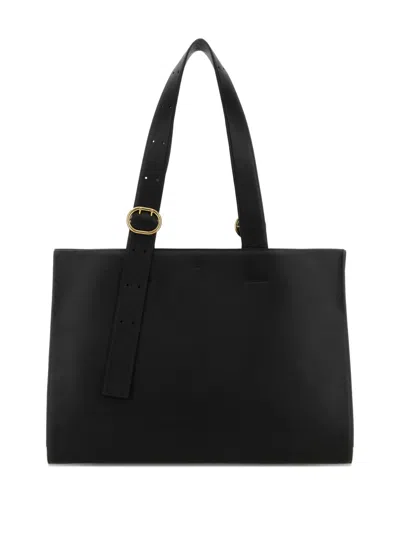 Jil Sander Leather Shopping Shoulder Bag Gold Hardware In Black