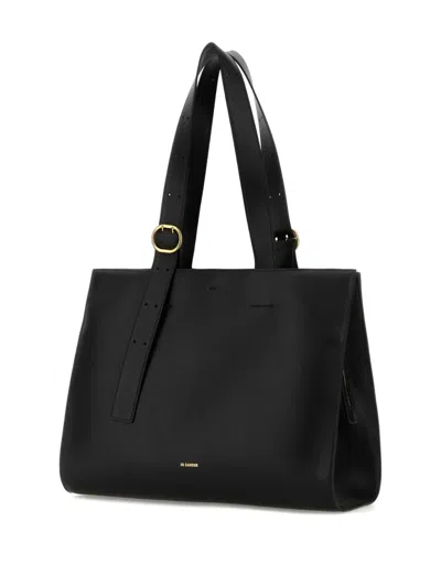 Jil Sander Leather Shopping Shoulder Bag Gold Hardware In Black