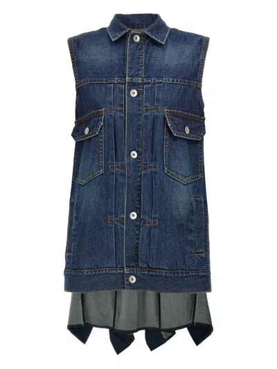 Sacai Ruffled Denim Mini Dress In Blue