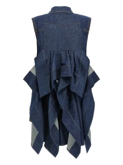 Sacai Ruffled Denim Mini Dress In Blue