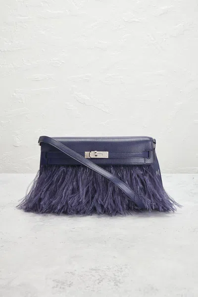 Pre-owned Hermes Kelly Chevre & Ostrich Elan Foile Handbag In Blue